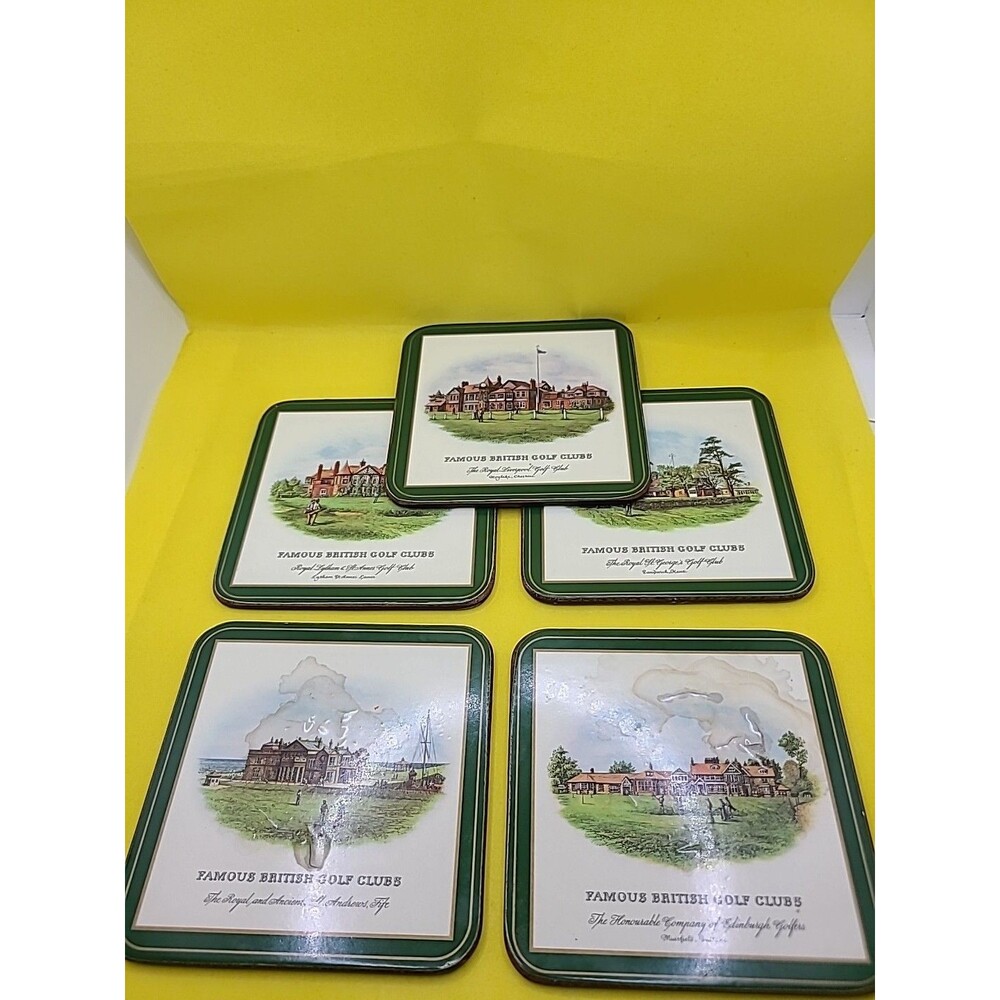 VTG. Pimpernel British Golf Clubs 5 Coaster Set On Cork Vintage 2 Damaged Cracks